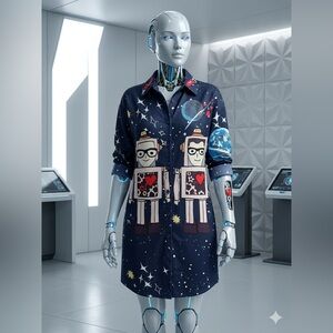 Navy Robot Print Shirt Dress with Space Motif